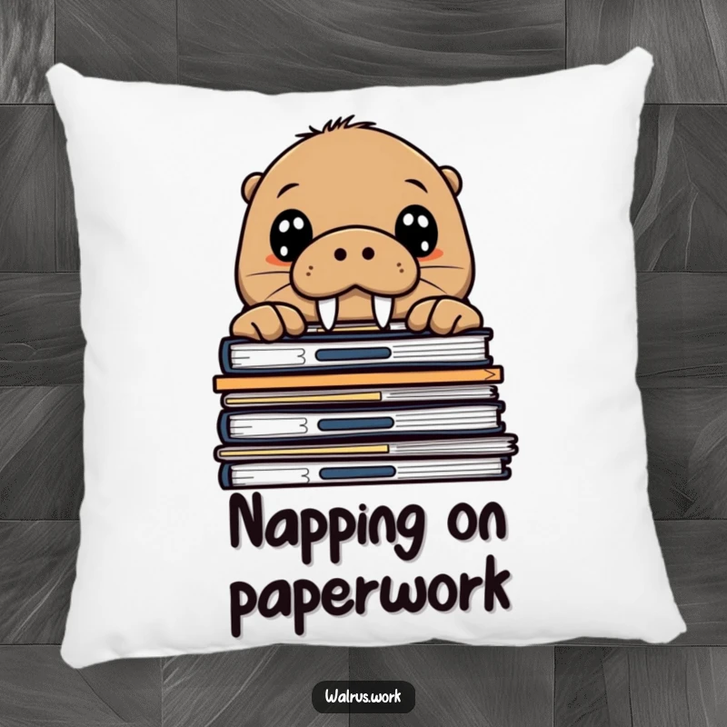 Funny walrus pillow showing a curious sea mammal peeking over office files, offering a comfortable and humorous decorative accent.