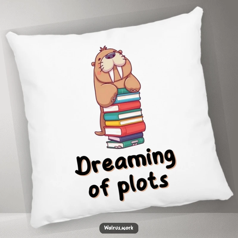 Funny Walrus Pillow: A walrus wobbles with a stack of books, bringing humorous and cozy academic vibes to this decorative pillow.