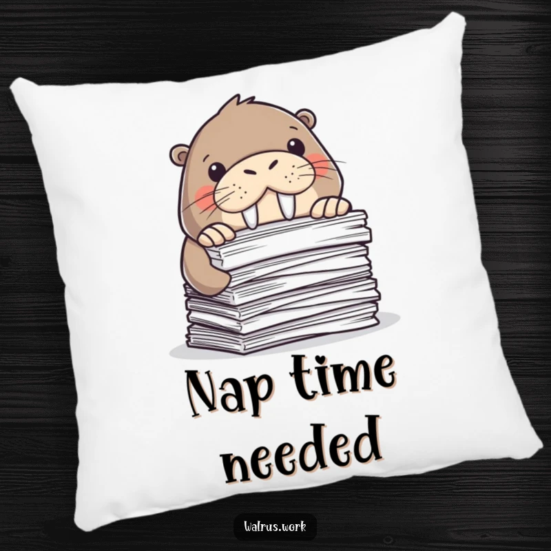Funny pillow featuring a walrus peeking from behind papers. Comfortable and humorous office decor. Great gift.