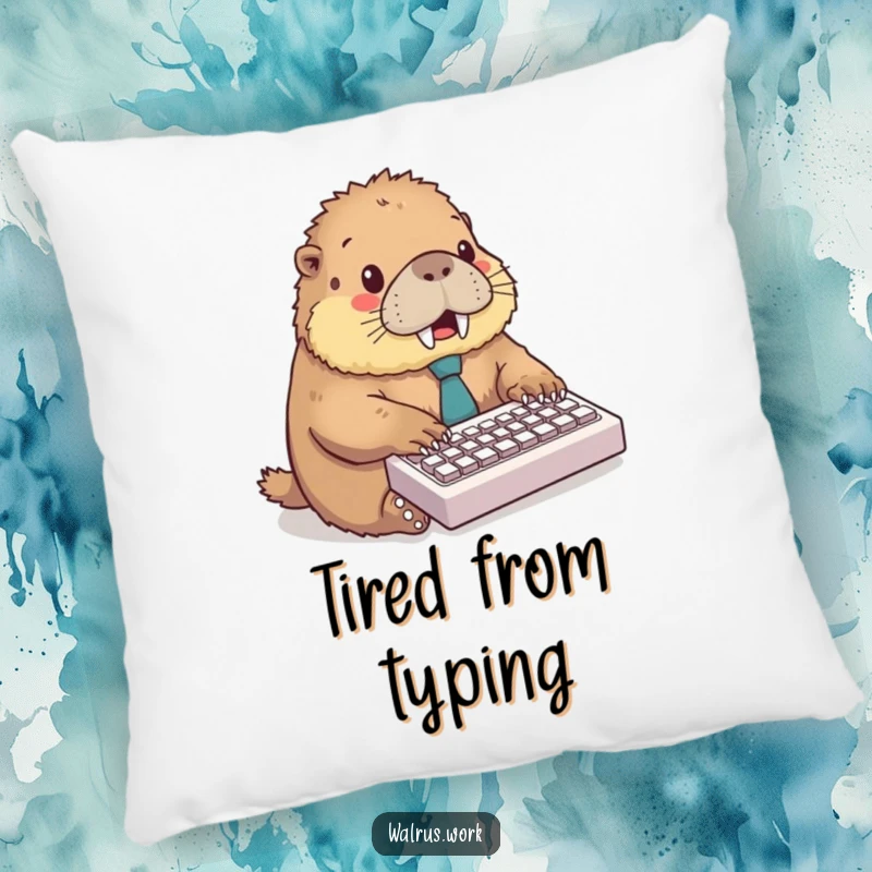 Funny pillow with a fluffy walrus wearing a tie, excitedly typing on a miniature keyboard, perfect for cozying up.