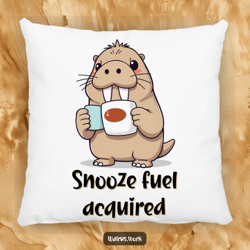 Funny Walrus Pillow: A happy walrus enthusiastically presents a coffee mug, offering comfort and humor on this soft decorative pillow.