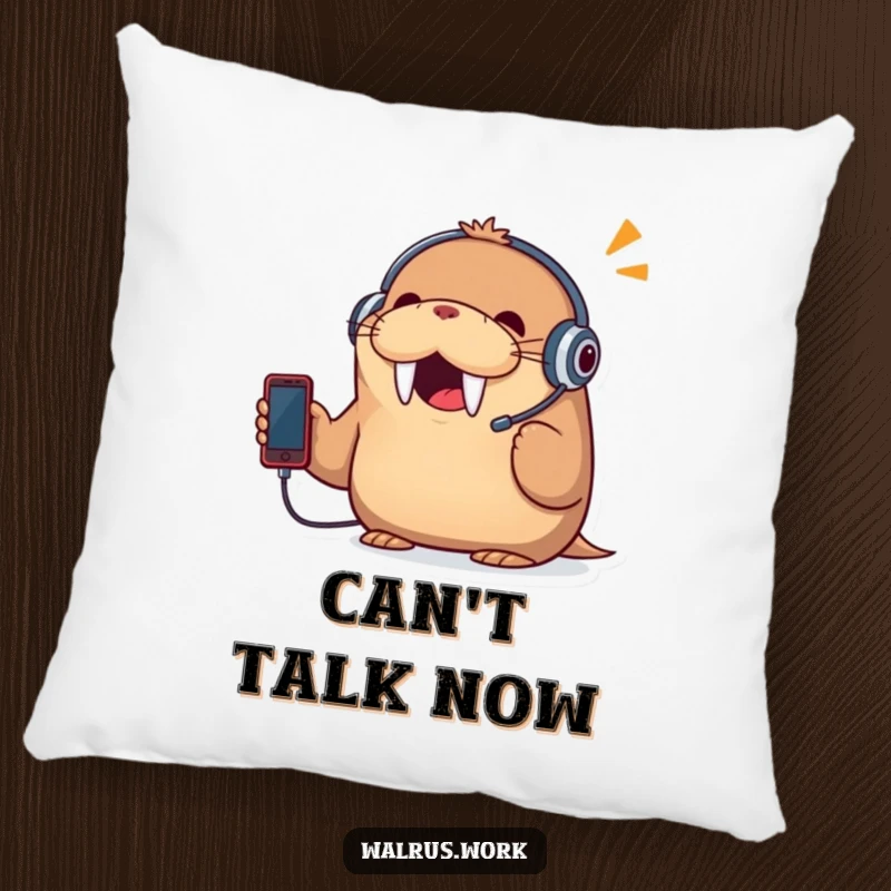 Funny pillow with a cheerful walrus wearing a headset and talking on a tiny phone, offering humorous comfort and playful style.