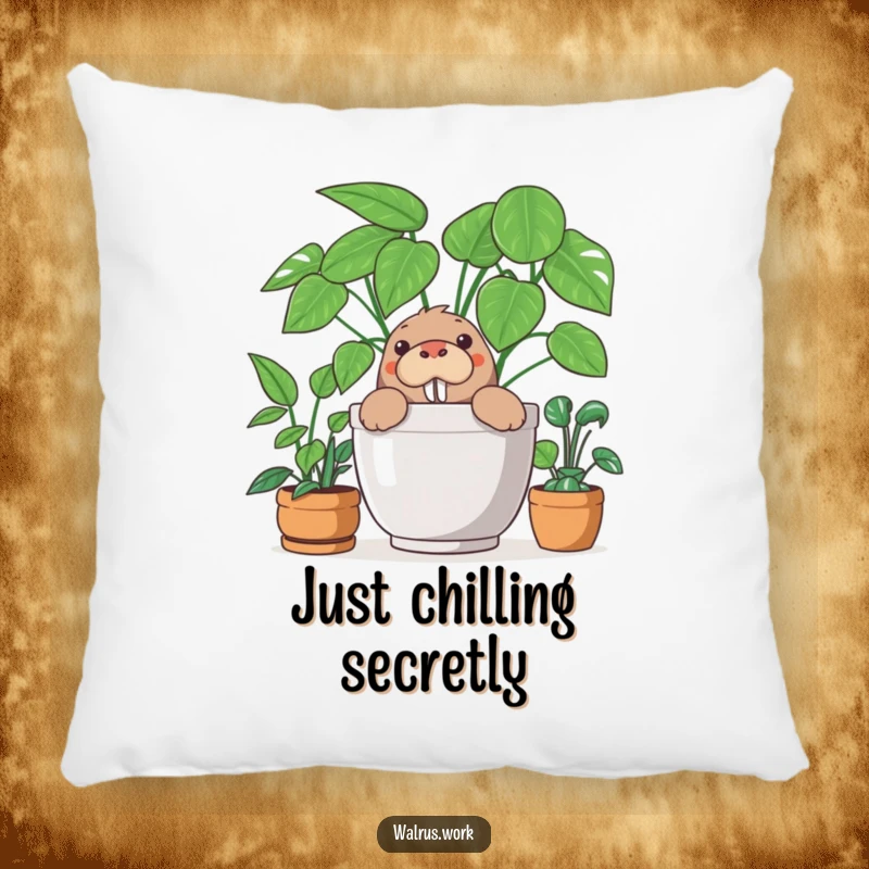 Funny pillow with a curious walrus peeking out from behind a large potted office plant, offering humorous comfort and playful decor.