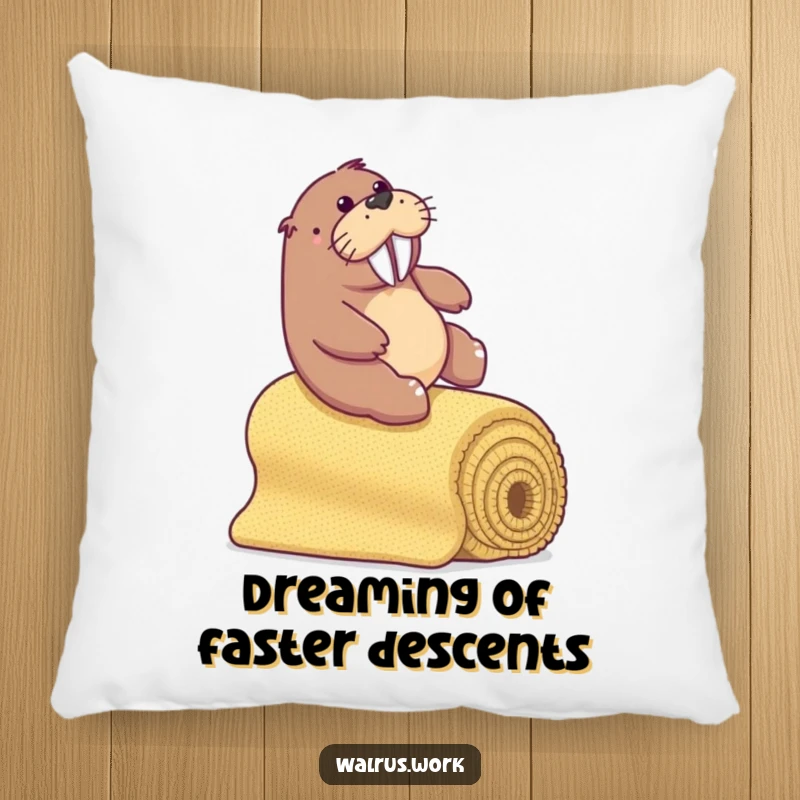 Funny walrus sliding down a carpet bannister, soft and decorative pillow for fun.