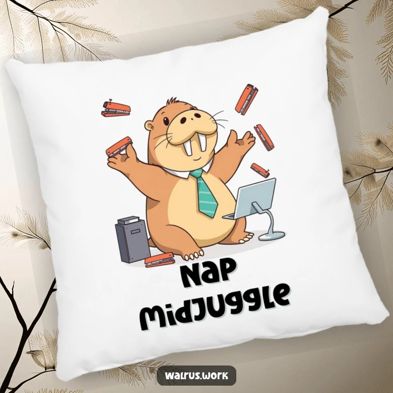 Funny pillow featuring a walrus in a tie juggling staplers at a desk, offering humorous comfort.