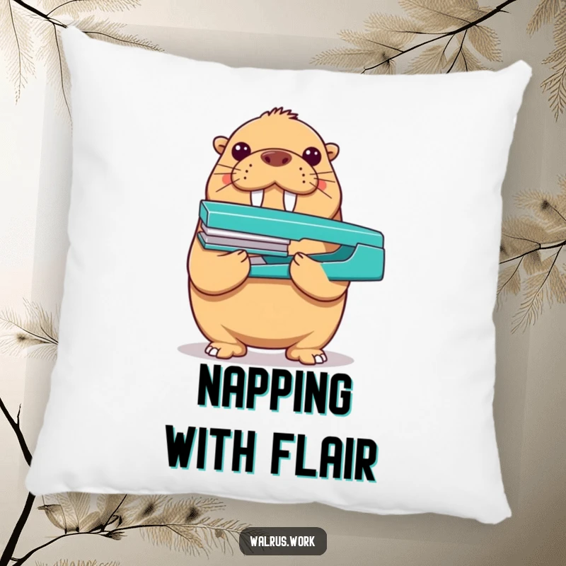 Funny walrus pillow illustrating a proud walrus balancing a stapler on its nose, ideal for humorous and comfortable home decor.