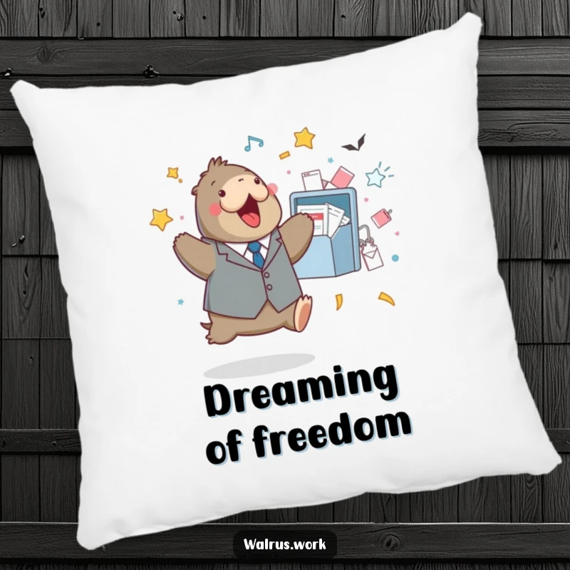 Funny pillow featuring a walrus in a tiny suit, happily jumping near an overflowing inbox symbolizing task completion.
