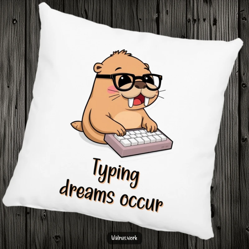 Funny walrus, wearing glasses, joyfully typing on miniature keyboard, office humor, decorative funny pillow, productive decor.