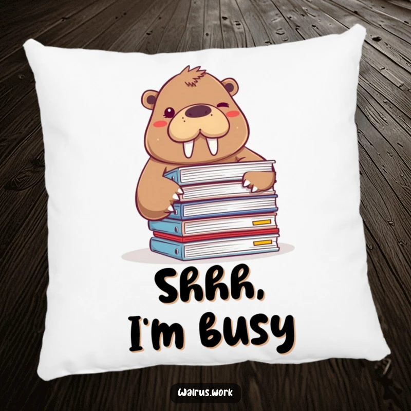 Funny pillow showcasing a walrus peeking from behind files and winking, offering plush comfort and humor.