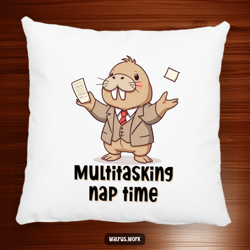 Funny pillow featuring a walrus in a tiny suit juggling papers, offering cozy comfort and a humorous business-themed accent.