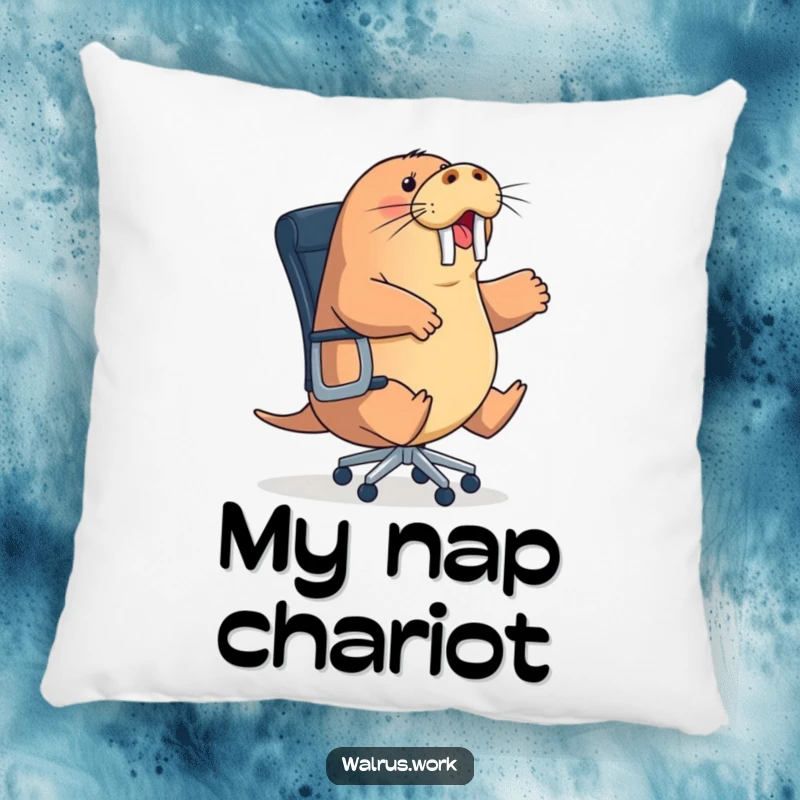 Funny energetic walrus pillow showing a sea mammal trying to ride a rolling office chair, a soft funny gift.