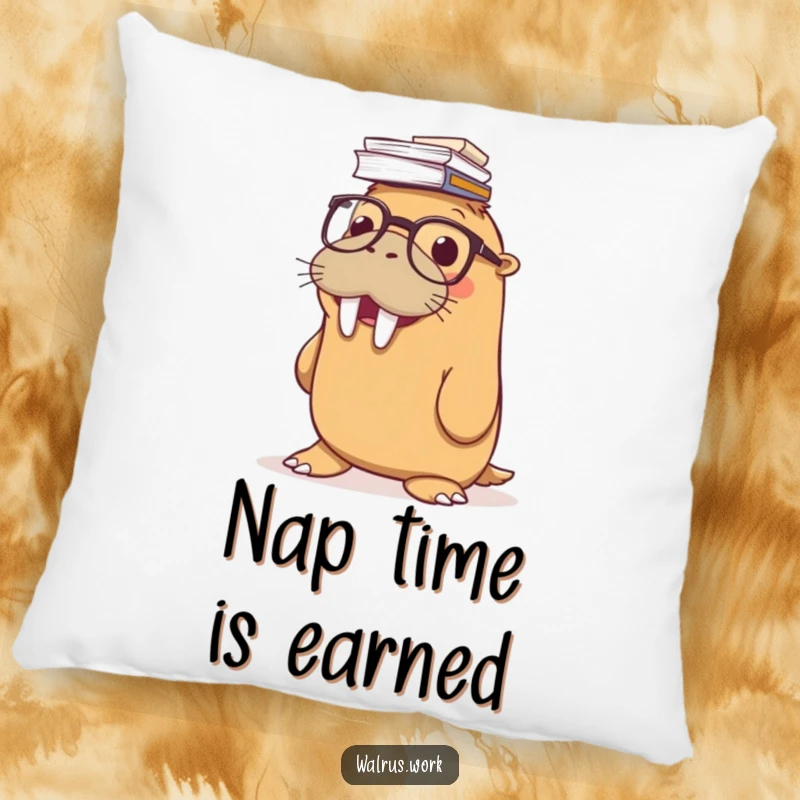 Funny pillow with a smiling walrus wearing glasses, balancing a large stack of papers on its nose, offering humorous comfort and style.