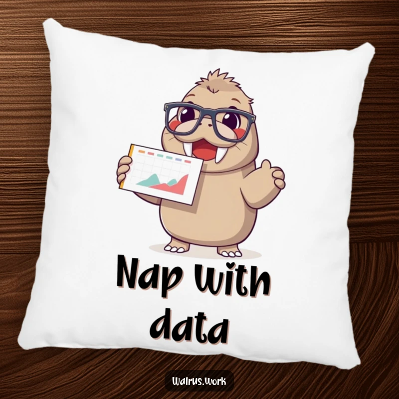 Funny pillow featuring a happy walrus in oversized glasses, enthusiastically presenting a chart with a smiling face.