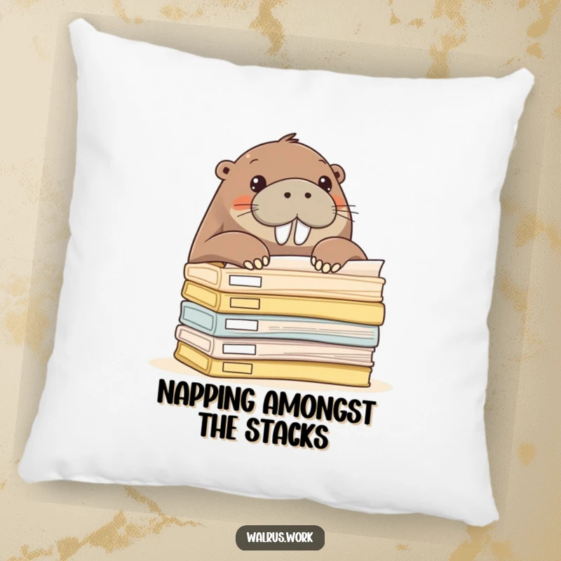 Funny walrus peeking over office folders, soft and decorative pillow for cozy curiosity.