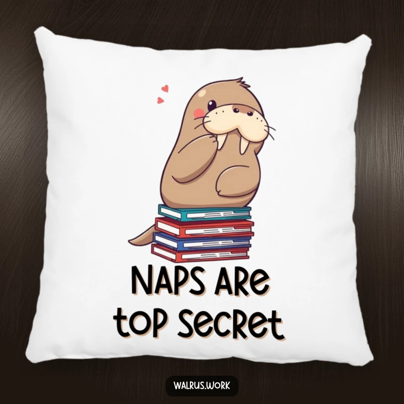 Funny shushing walrus pillow, a walrus on files, shushing with a paw, adding comfort and humor to any space.