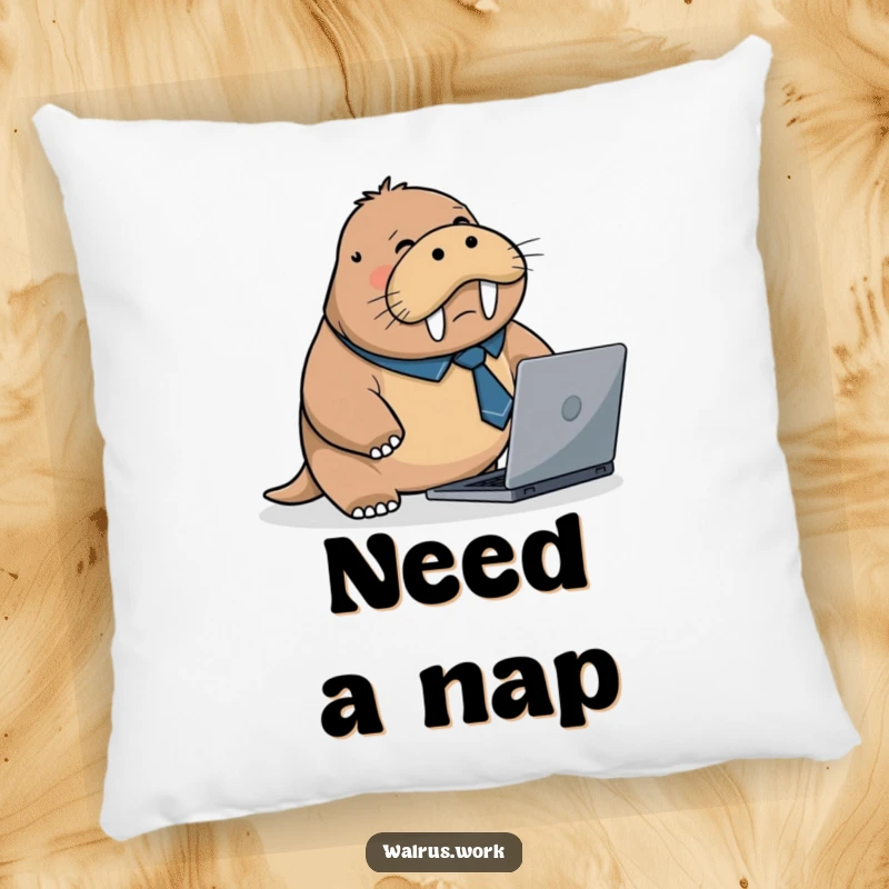 Funny pillow featuring a flustered walrus in a tiny tie, tripping over a laptop, offering cozy comfort and humorous relatability.