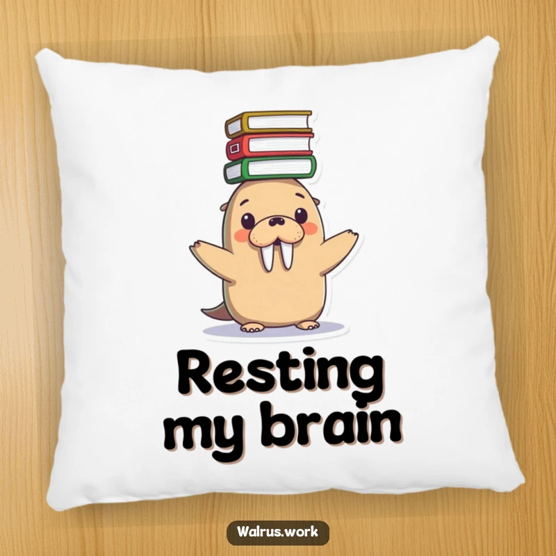 Funny pillow with a cute Kawaii walrus precariously balancing files on its head, offering comfort and humor for stressful times.