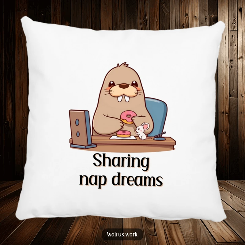 Funny walrus pillow showing a beaming walrus character sharing a donut with a tiny mouse, bringing comfort and charm.