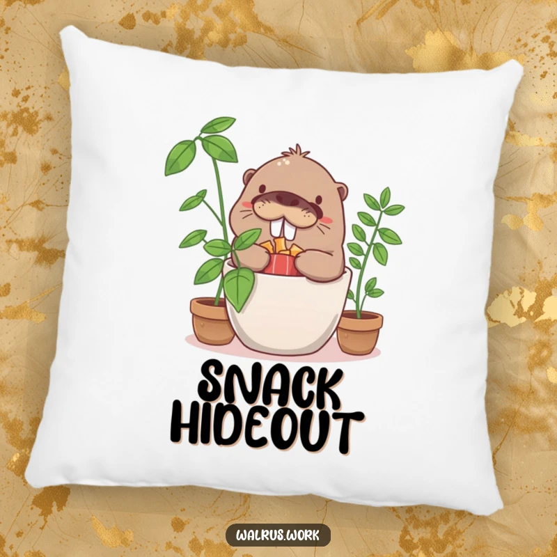 Soft pillow featuring a funny giggling walrus character hiding snacks in a potted plant, adding comical comfort and decor.