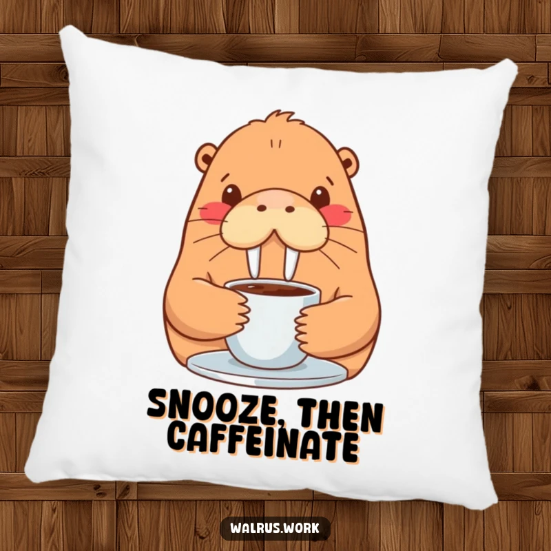 Funny walrus pillow featuring a smiling walrus contentedly sipping coffee, adding cozy humor to any couch.