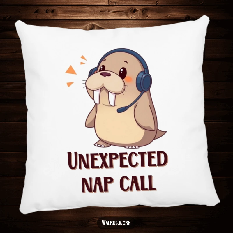 Funny walrus pillow featuring a surprised walrus wearing a headset, reacting to an unexpected phone call.
