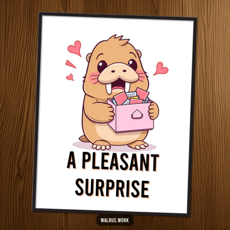Funny digital art print of a walrus holding a bursting inbox with a surprised grin, ready for download.