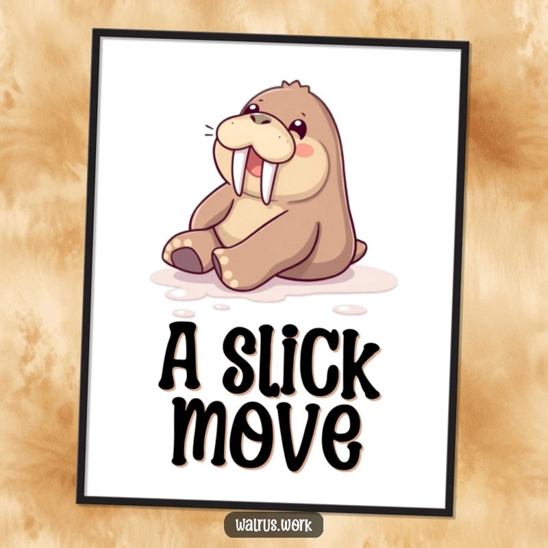 Funny digital art print of a walrus gleefully sliding on a polished floor, ready for instant display.