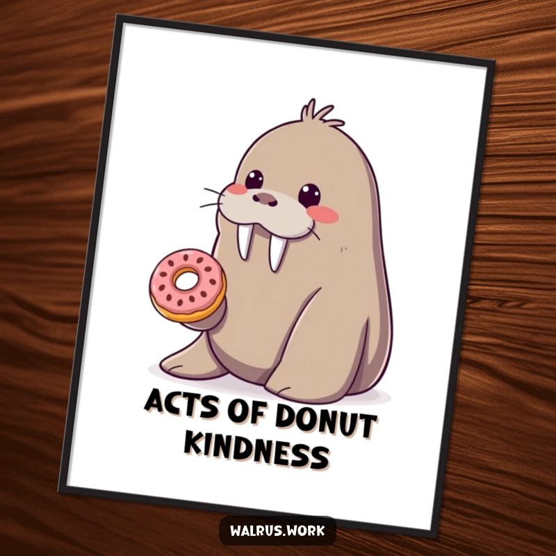 Funny smiling walrus digital art print offering a tiny donut from its flipper, printable funny gift.