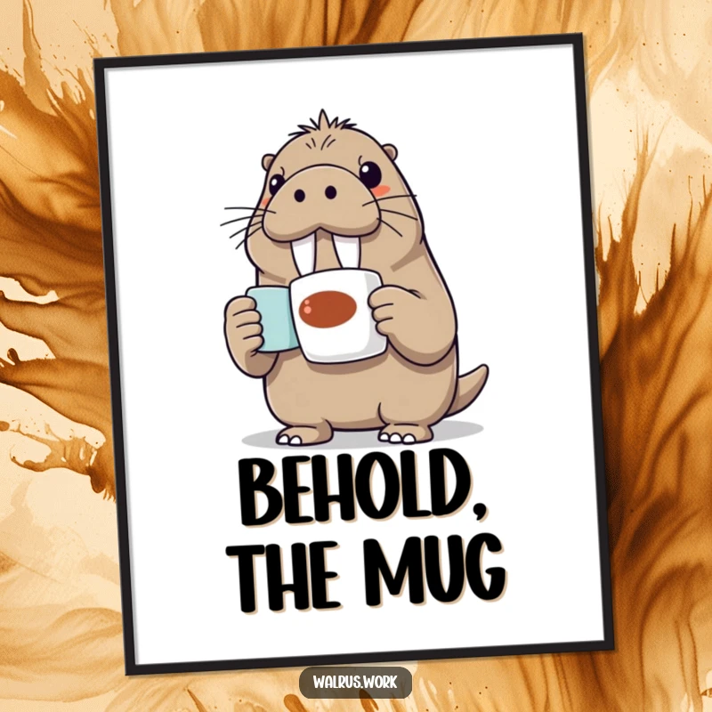 Funny Walrus Digital Art: An enthusiastic walrus joyfully presents a coffee mug, capturing a moment of pure fun for digital display.