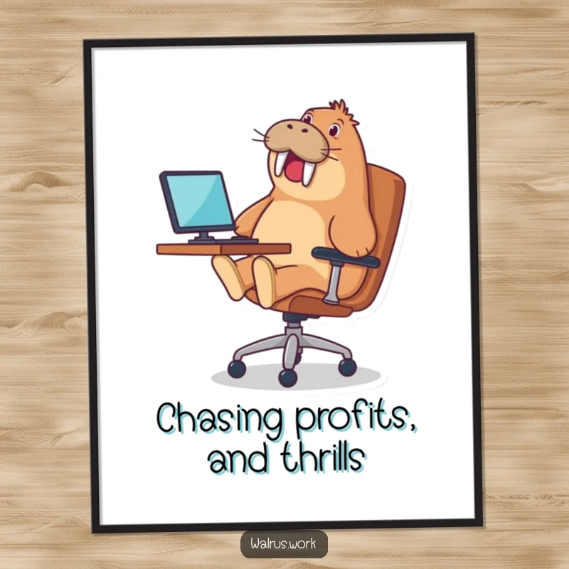 Funny digital art print of a walrus gleefully riding an office chair, adding instant office humor and charm.