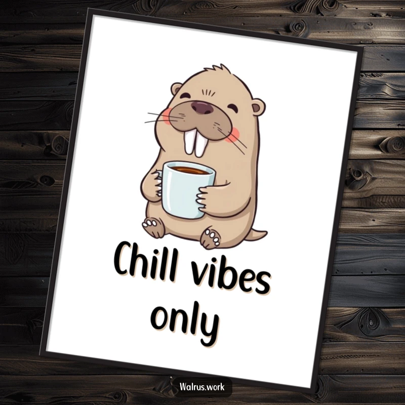 Funny digital art print of a walrus contentedly sipping coffee, a humorous and uplifting piece for wall decor.