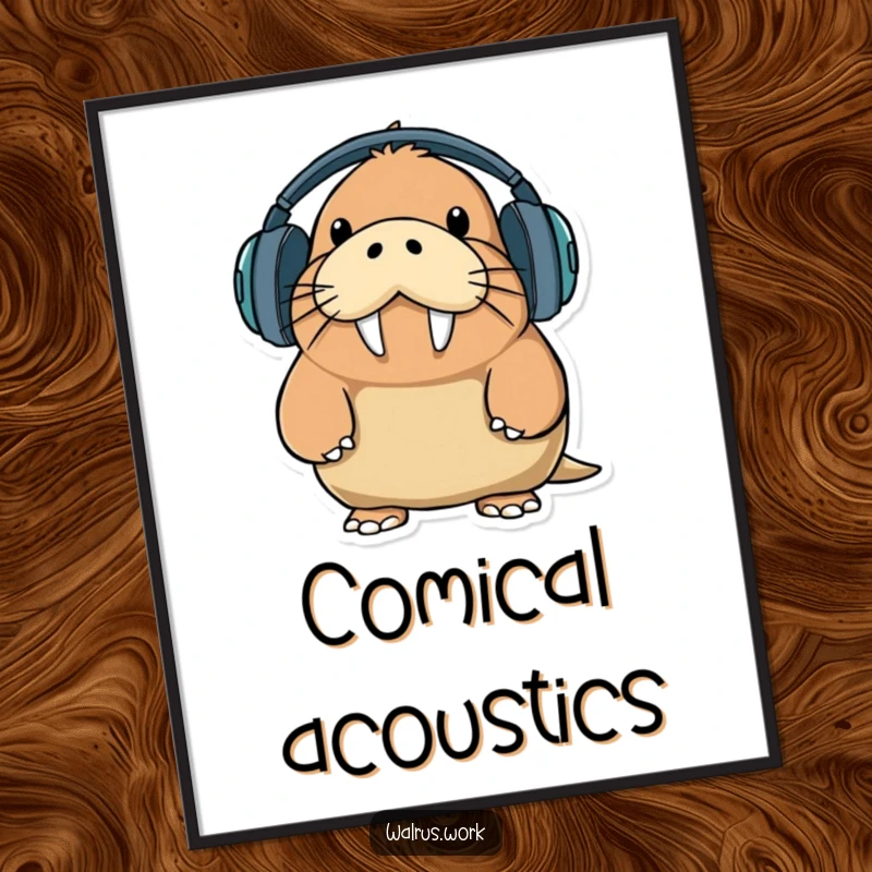 Funny walrus character hilariously attempting to wear oversized headphones with a comical expression, ideal for instant digital art print decor.