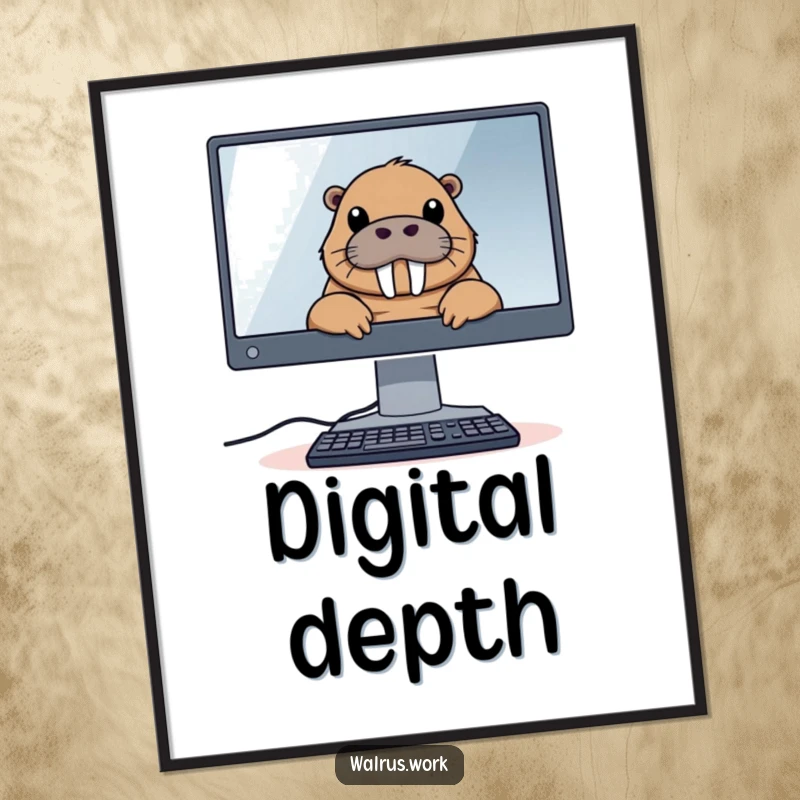 Funny digital art print of a walrus peeking over a large computer monitor, perfect for humorous and tech-themed wall decor.
