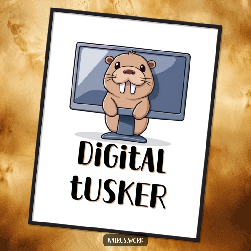 Funny tech walrus digital art print of a walrus peeking from behind a large computer monitor, ready for instant display.