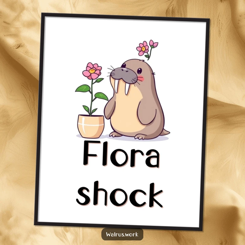 Funny walrus digital art print with a walrus surprised by a blooming desk plant, perfect for wonder.
