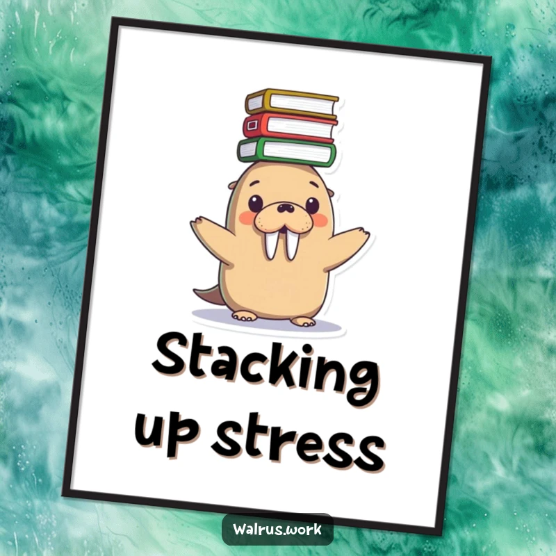 Funny digital art print of a cute Kawaii walrus balancing a tall stack of files on its head, ideal for instant download.