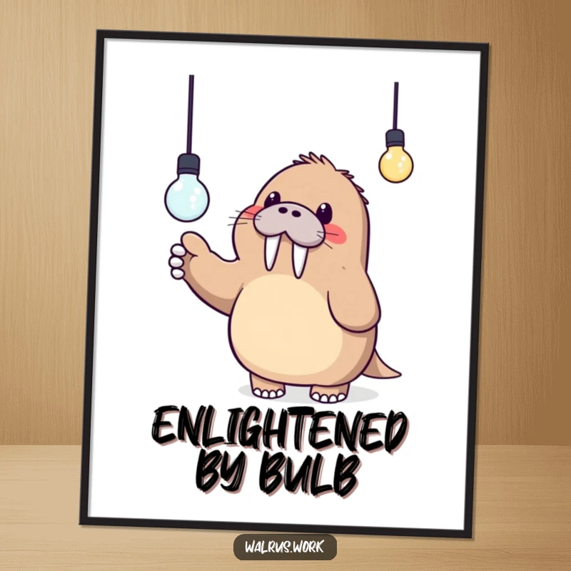Funny digital art print of a cute Kawaii walrus excitedly pointing at a glowing lightbulb, perfect for instant download.