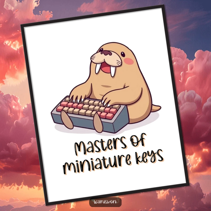 Funny typing walrus digital art print, a walrus gleefully typing on a comically small keyboard, a humorous piece for tech lovers.