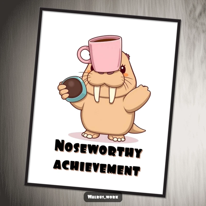 Funny walrus character hilariously balancing a coffee mug on its nose, ideal for instant digital art print decor.