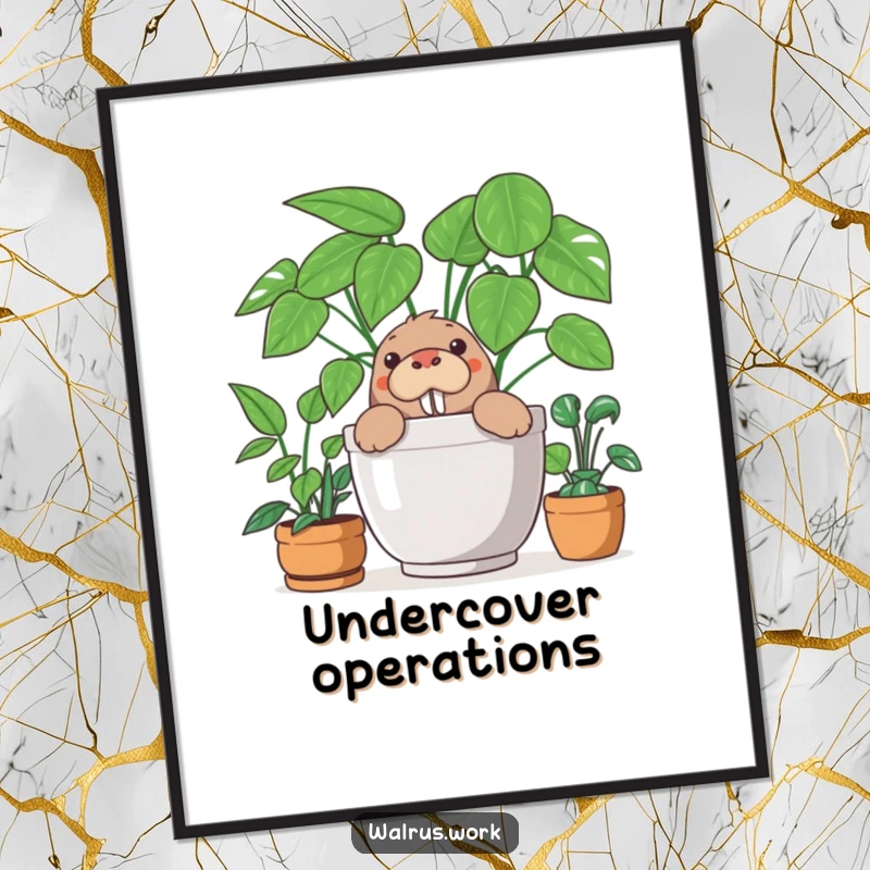 Funny digital art print of a curious walrus peeking out from behind a large potted office plant, suitable for humorous wall decor.