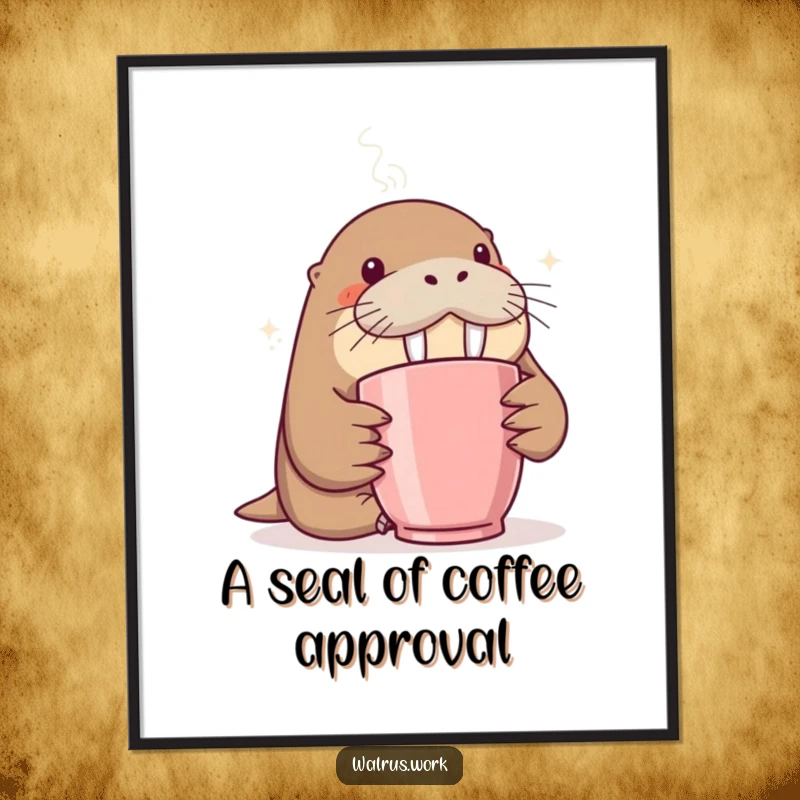 Funny digital art print of a walrus curiously sniffing coffee steam, adding instant humor and charm to any digital display.