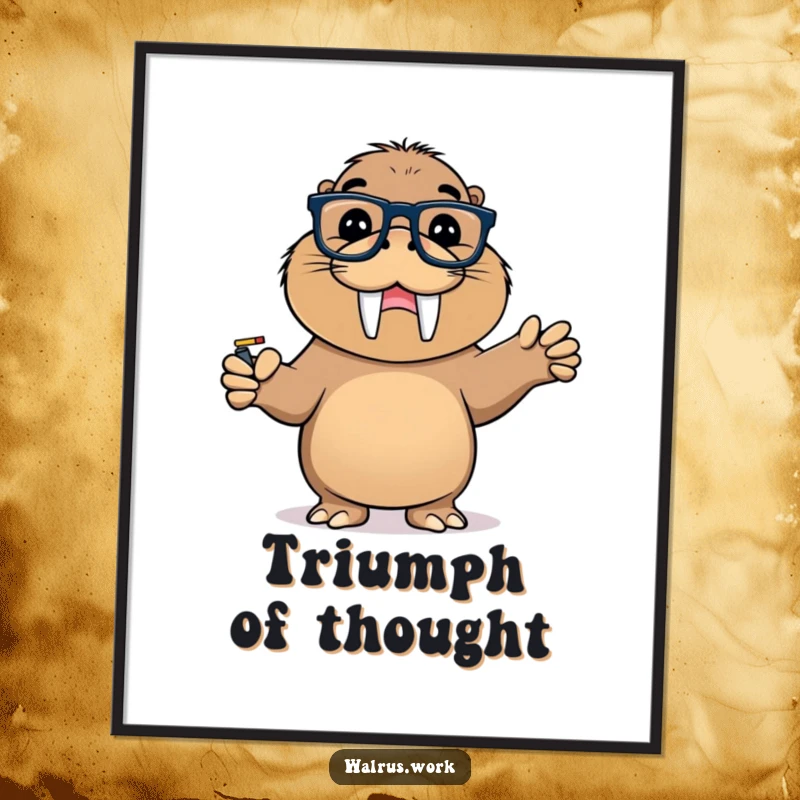 Funny digital art print of a walrus with glasses pointing at a whiteboard with a triumphant grin. Smart decor.