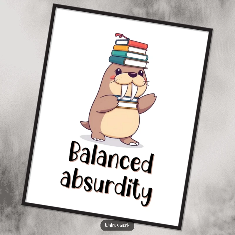 Funny digital art print of a playful walrus character humorously balancing a teetering tower of office supplies on its flippers.