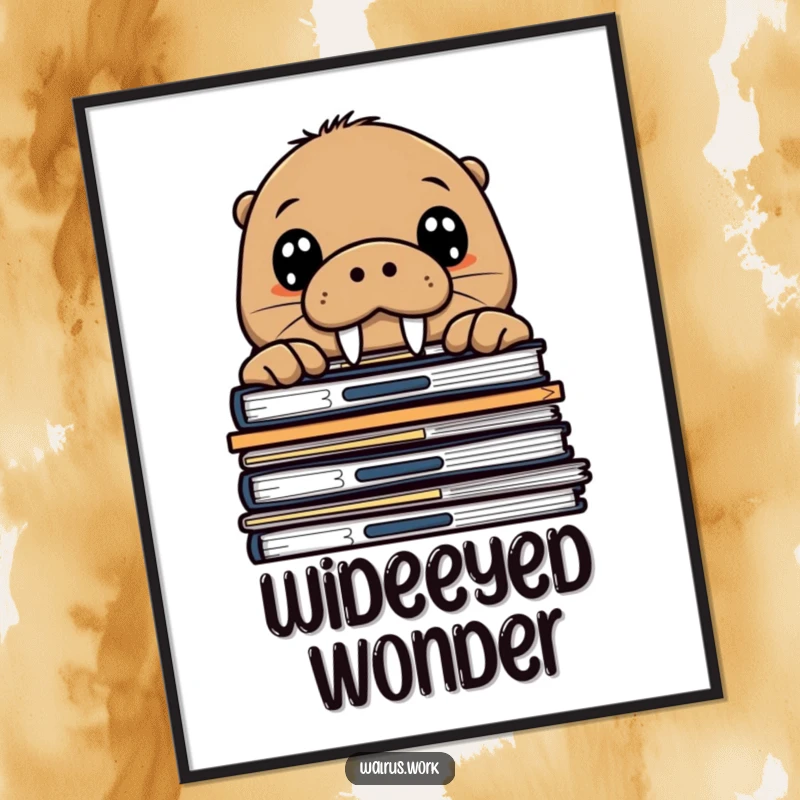 Funny walrus digital art print showing a curious sea mammal with wide eyes peeking over office files, adding a touch of playful intrigue.