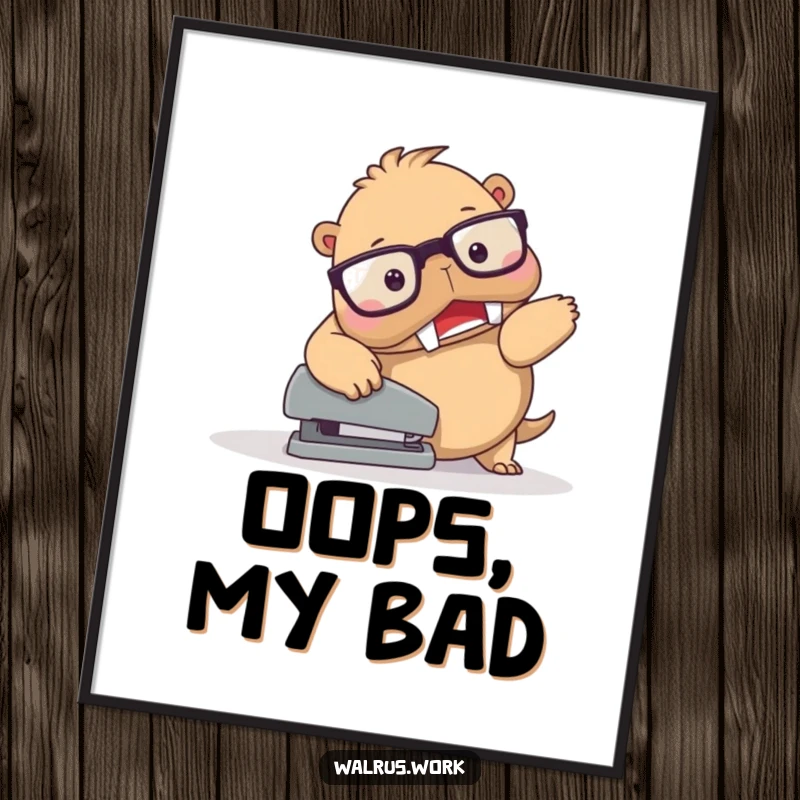 Funny Walrus Stapler Trip Digital Art Print: Comical walrus character with spectacles tripping over a stapler, perfect for instant humorous decor.