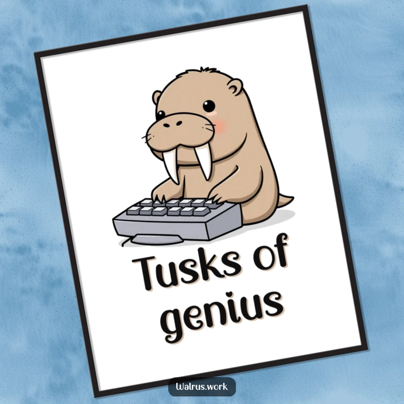 Funny digital art print of a walrus humorously typing on a computer keyboard with its tusks, a tech-themed delight.