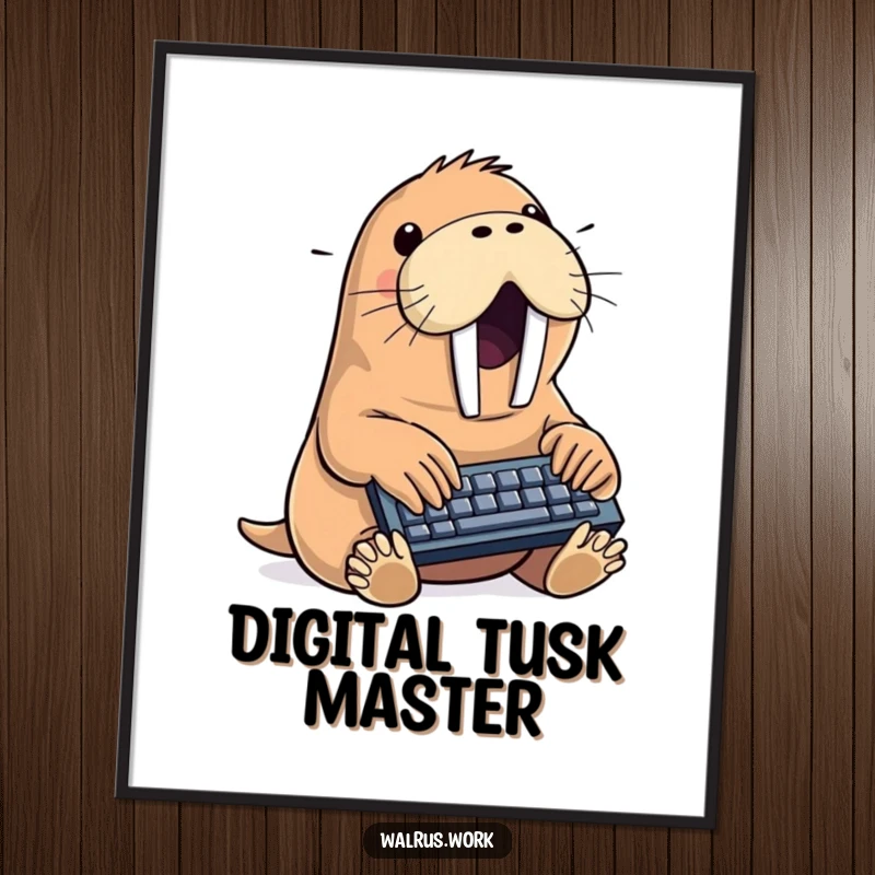 Funny walrus digital art print showing a sea mammal typing with great effort on a tiny keyboard, adding humorous flair to any digital display.