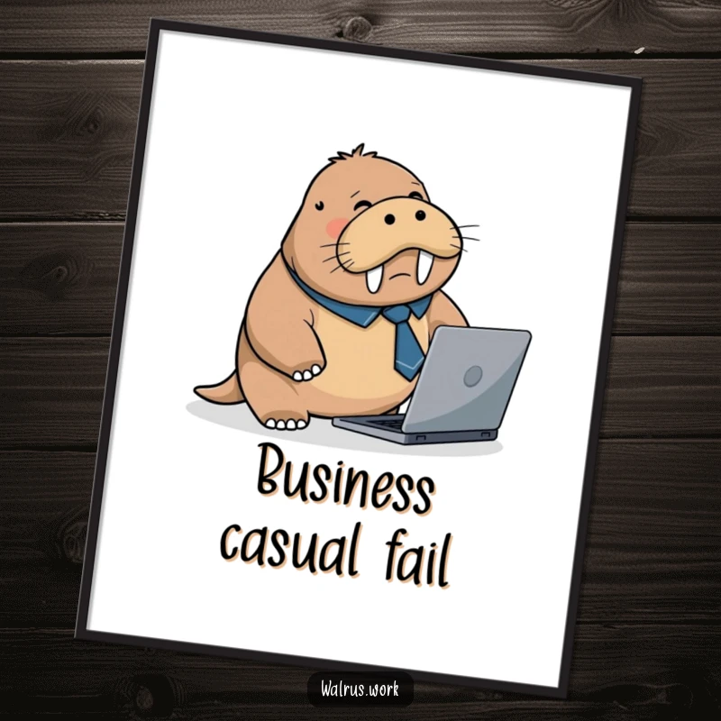 Funny digital art print of a flustered walrus wearing a tiny business tie, tripping over a laptop, symbolizing comical workplace struggles.