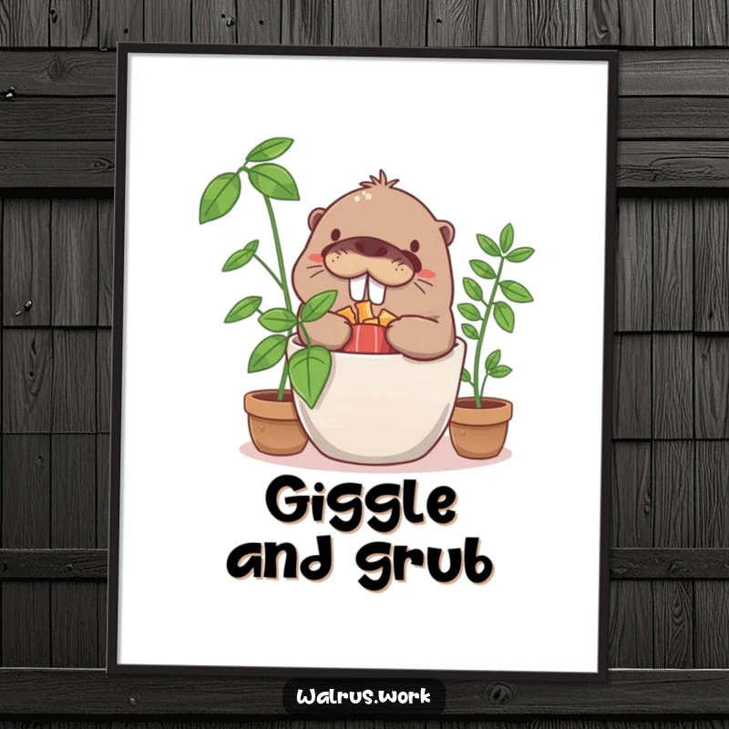 Funny giggling walrus character humorously hiding snacks in a potted plant, ideal for instant digital art print decor.