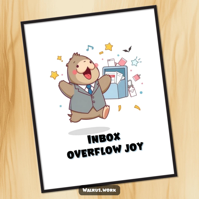 Funny digital art print of a walrus in a tiny suit joyfully jumping near an overflowing inbox.